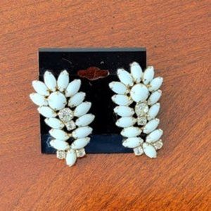 Vintage White Milk Glass Navette Cabochon Rhinestone Clip Earrings 1 3/4" Estate